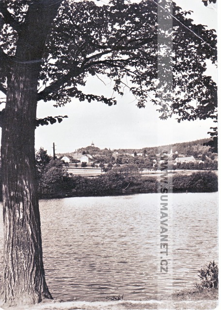 Chudenice s rozhlednou Bolfánek od Panského rybníka, foto L. Forman, 60. léta 20. století

