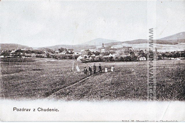 Chudenice od severozápadu 1907, vydáno nákladem M.Harmáčkové v Chudenicích
